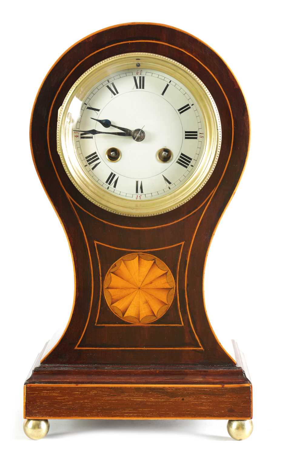 Lot 393 - A LATE 19TH CENTURY SHERATON REVIAL INLAID MAHOGANY BALLON SHAPED MANTEL CLOCK