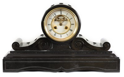 Lot 386 - A 19TH CENTURY BLACK SLATE DRUM HEAD MANTEL CLOCK