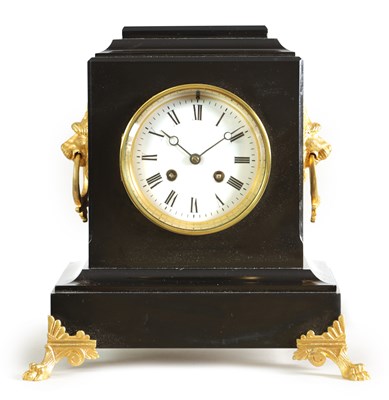 Lot 498 - A 19TH CENTURY BLACK SLATE MANTEL CLOCK