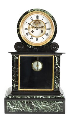 Lot 430 - A 19TH CENTURY BLACK SLATE AND ANTICO VERDE MANTEL CLOCK