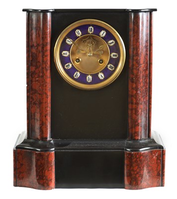 Lot 473 - A 19TH CENTURY BLACK SLATE AND ROUGE MARBLE MANTEL CLOCK WITH SHAPED SIDES