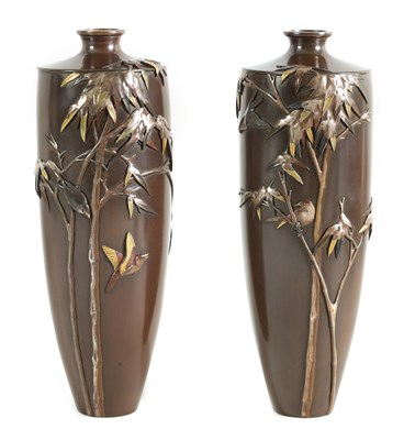 Lot 84 - A FINE PAIR OF JAPANESE MEIJI PERIOD BRONZE AND MIXED METAL VASES BY MIYABE ATSUYOSHI