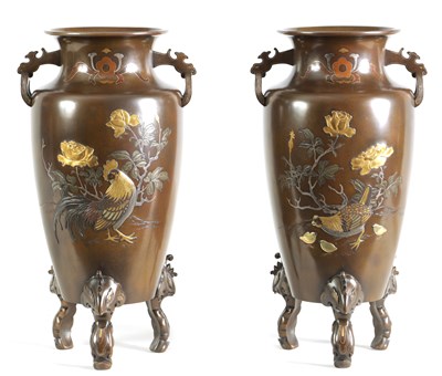 Lot 205 - A LARGE PAIR OF JAPANESE MEIJI PERIOD BRONZE AND MIXED METAL VASES