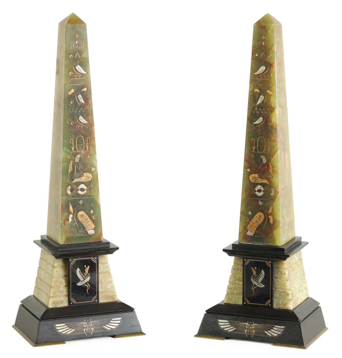 Lot 596 - A LARGE PAIR OF LATE 19TH CENTURY MARBLE AND ONYX EGYPTIAN REVIVAL OBELISKS