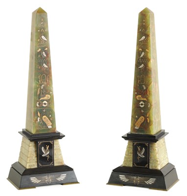 Lot 596 - A LARGE PAIR OF LATE 19TH CENTURY MARBLE AND ONYX EGYPTIAN REVIVAL OBELISKS