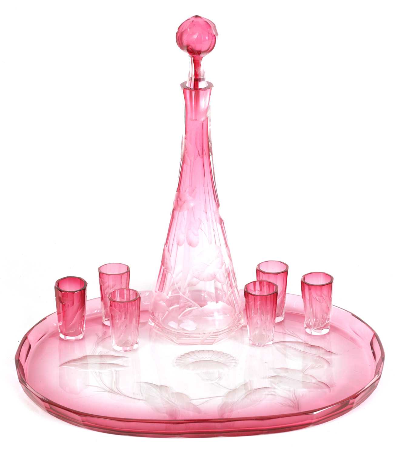 Lot 31 - AN ART NOUVEAU RUBY AND CLEAR GLASS MOSER DECANTER, TRAY AND SIX GLASSES