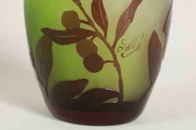 Lot 22 - EMILE GALLE. AN ART NOUVEAU THREE COLOUR OLIVE LEAVES AND BERRIES PATTERN CAMEO GLASS VASE