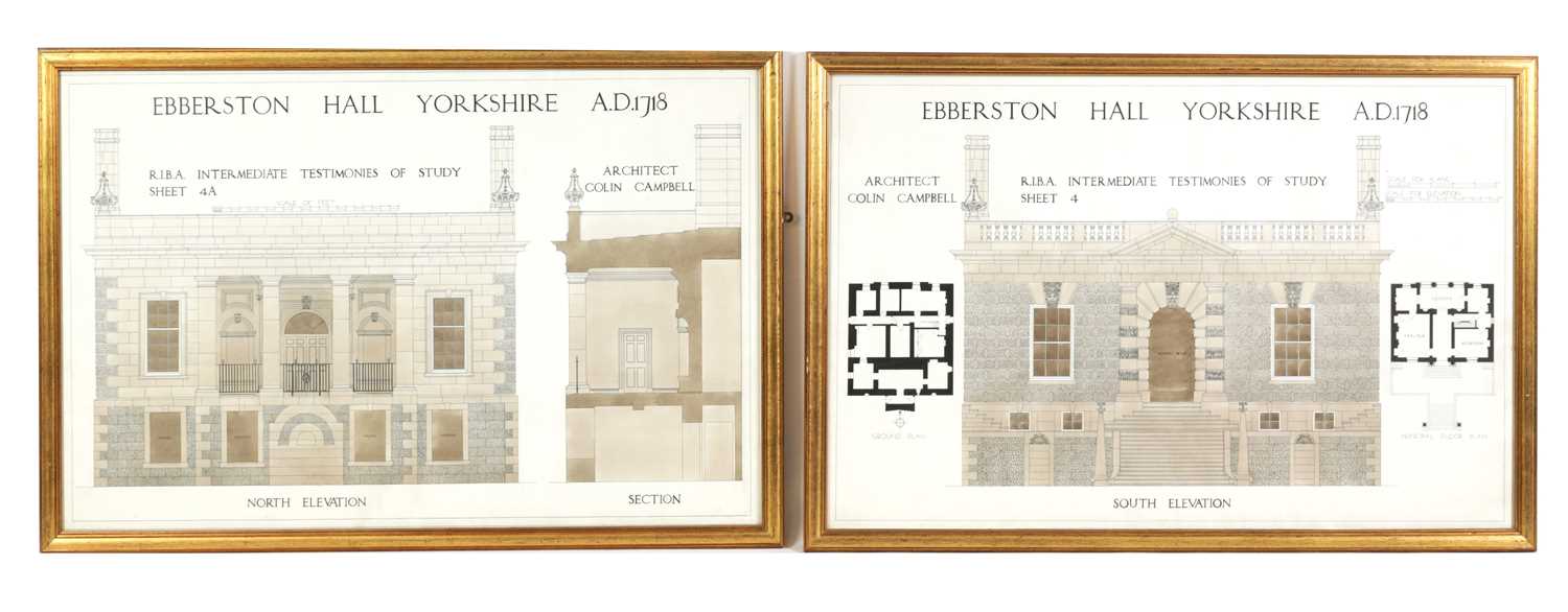 Lot 340 - A PAIR OF 19TH CENTURY ARCHITECTS WATERCOLOUR DRAWINGS OF EBBERSTON HALL, YORKSHIRE A.D. 1718.