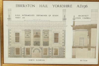 Lot 340 - A PAIR OF 19TH CENTURY ARCHITECTS WATERCOLOUR DRAWINGS OF EBBERSTON HALL, YORKSHIRE A.D. 1718.