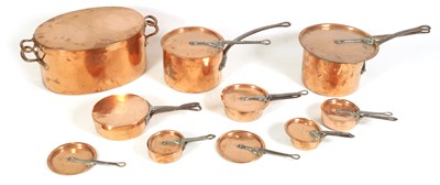 Lot 301 - A SET OF 19TH CENTURY GRADUATED COPPER PANS AND VARIOUS LIDS ENGRAVED AND CRESTED ELVEDEN