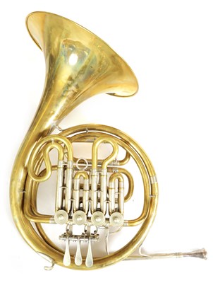 Lot 136 - A 20TH CENTURY WELTKLANG BRASS AND SILVERED FRENCH HORN