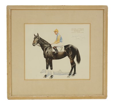 Lot KENNETH S. MACINTIRE. A 20TH CENTURY WATERCOLOUR OF RACEHORSE AND JOCKEY “HIGH STRIKE OWNED BY BING CROSBY”