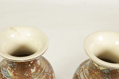 Lot 112 - A PAIR OF JAPANESE MEIJI PERIOD SATSUMA SHOULDERED TAPERING VASES