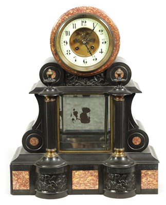 Lot 496 - A 19TH CENTURY BLACK SLATE AND ROUGE MARBLE FRENCH EIGHT-DAY MANTEL CLOCK