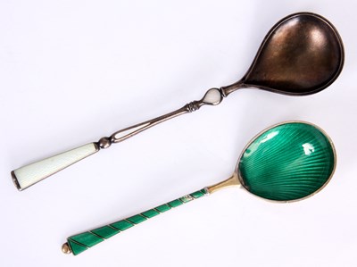 Lot 10 - TWO SILVER AND ENAMEL SPOONS.