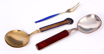 Lot 11 - TWO SILVER AND ENAMEL NORWEGIAN SPOONS and a...