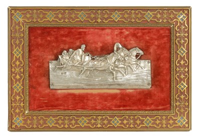 Lot 333 - A LATE 19TH CENTURY RUSSIAN SILVER PLAQUE DEPICTING COSSACKS ON A SLAY PULLED BY HORSES