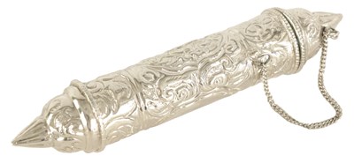 Lot 564 - A 20TH CENTURY CYLINDRICAL INDIAN SILVER SCROLL HOLDER