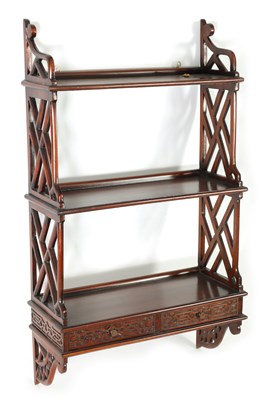 Lot 1319 - A SET OF 19TH CENTURY CHIPPENDALE STYLE MAHOGANY HANGING SHELVES