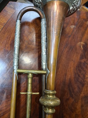 Lot 12 - A 19TH CENTURY BRASS, COPPER, AND BRONZE TRUMPET BY GEORGE SMITH