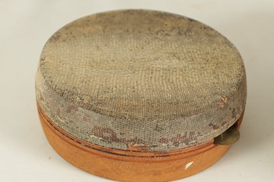 Lot 148 - A VINTAGE SNAKE SKIN TAMBOURINE TOGETHER WITH A BARK DRUM