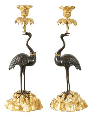 Lot 906 - A FINE PAIR OF MID 19TH CENTURY FRENCH BRONZE AND ORMOLU CANDLESTICKS BY THOMAS ABBOTT