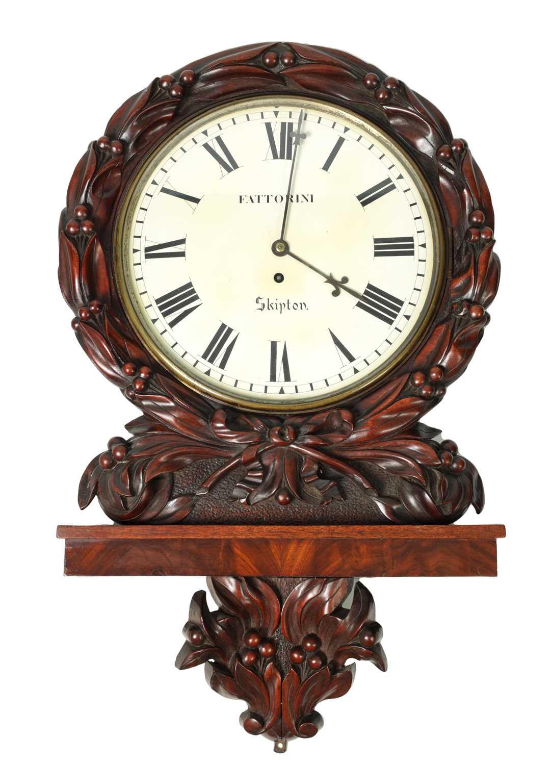 Lot 1247 - FATTORINI, SKIPTON. A MID 19TH CENTURY MAHOGANY CARVED FUSEE WALL CLOCK