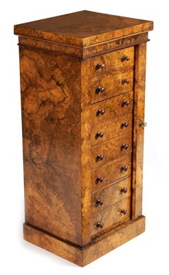 Lot 1396 - A 19TH CENTURY BURR WALNUT WELLINGTON CHEST OF SMALL SIZE