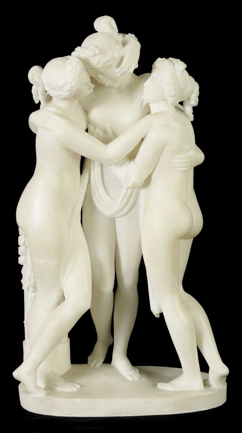 Lot 441 - A GOOD 19TH CENTURY CARVED ALABASTER FIGURAL SCULPTURE OF THE THREE GRACES