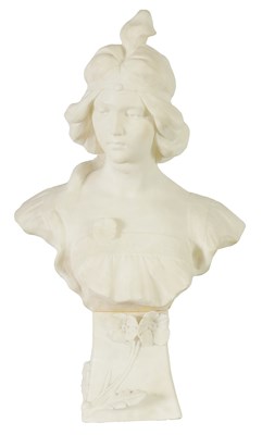 Lot 808 - A LATE 19TH CENTURY ART NOUVEAU CARVED ALABASTER BUST OF A YOUNG LADY