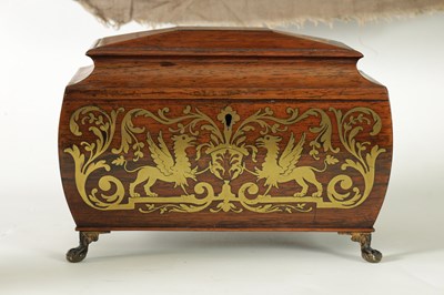 Lot 732 - A REGENCY BRASS INLAID MAHAGONY SARCOPHAGUS TEA CADDY