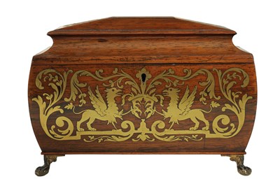 Lot 732 - A REGENCY BRASS INLAID MAHAGONY SARCOPHAGUS TEA CADDY