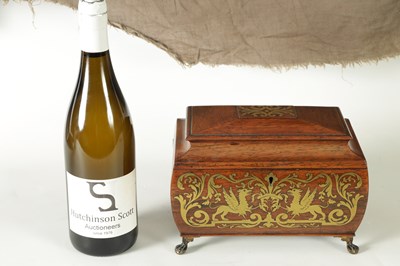 Lot 732 - A REGENCY BRASS INLAID MAHAGONY SARCOPHAGUS TEA CADDY