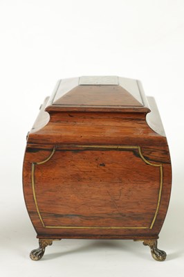 Lot 732 - A REGENCY BRASS INLAID MAHAGONY SARCOPHAGUS TEA CADDY