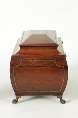 Lot 732 - A REGENCY BRASS INLAID MAHAGONY SARCOPHAGUS TEA CADDY