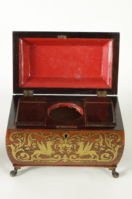 Lot 732 - A REGENCY BRASS INLAID MAHAGONY SARCOPHAGUS TEA CADDY