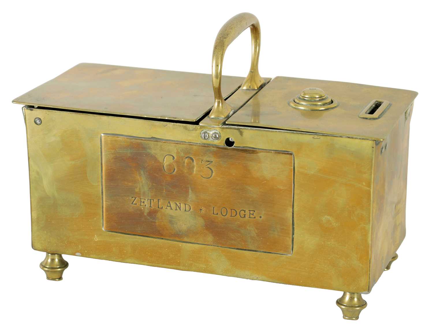 Lot 902 A 19THCENTURY BRASS HONESTY TOBACCO BOX FOR