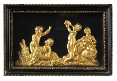 Lot 832 - A 19TH CENTURY FRAMED GILT GESSO SCULPTURE OF PLAYING CHERUBS