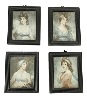 Lot 1001 - A SET OF FOUR REGENCY MINIATURES ENTITLED ON REVERSE AND SIGNED BY JOHN HIGGINS