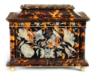 Lot 741 - A FINE 19TH CENTURY MOTHER OF PEARL INLAID TORTOISESHELL TEA CADDY
