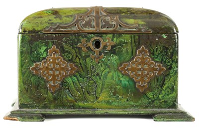 Lot 746 - A 19TH CENTURY SIMULATED MALACHITE DOME-TOPPED TEA CADDY WITH BRASS GOTHIC STYLE MOUNTS
