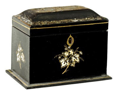 Lot 765 - A 19TH CENTURY MOTHER OF PEARL INLAID LACQUERED TEA CADDY