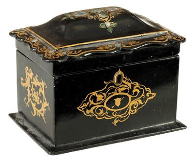 Lot 796 - A 19TH CENTURY MOTHER OF PEARL INLAID LACQUERED TEA CADDY
