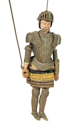 Lot 927 - AN UNUSUAL 18TH CENTURY CARVED WOOD HAND PUPPET OF A KNIGHT IN ARMOUR