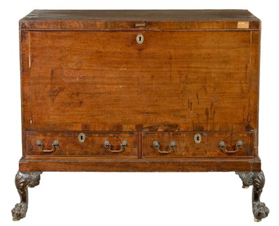 Lot 1382 - A GEORGE III MAHOGANY COUNTRY HOUSE CHEST ON STAND