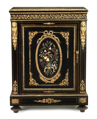 Lot 1474 - A 19TH CENTURY EBONISED ORMOLU MOUNTED MARBLE SET SIDE CABINET