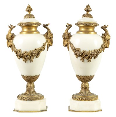 Lot 945 - A PAIR OF 19TH-CENTURY WHITE MARBLE AND ORMOLU MOUNTED CASSOLETTES