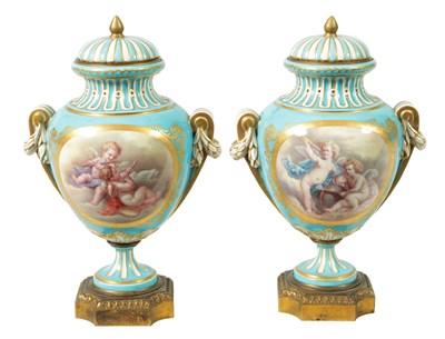 Lot 147 - A PAIR OF LATE 19TH CENTURY FRENCH ORMOLU MOUNTED SEVRES PATTERN VASES AND COVERS