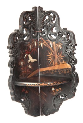 Lot 247 - A LATE 19TH CENTURY ORIENTAL EBONIZED, BONE INLAID AND LACQUERWORK HANGING CORNER SHELVES