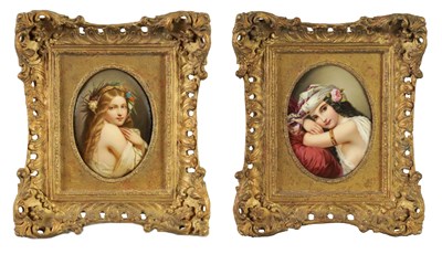 Lot 43 - A FINE MATCHED PAIR OF LATE 19TH CENTURY VIENNA OVAL CONVEX FRAMED PORCELAIN PLAQUES